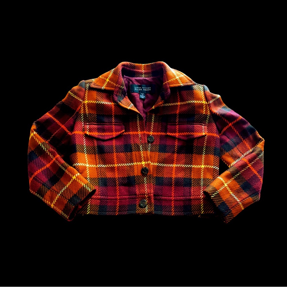 Linda Allard Ellen Tracy Pure Wool Silk Lined Tartan Plaid Blazer Button Up Coat - Picture 8 of 9